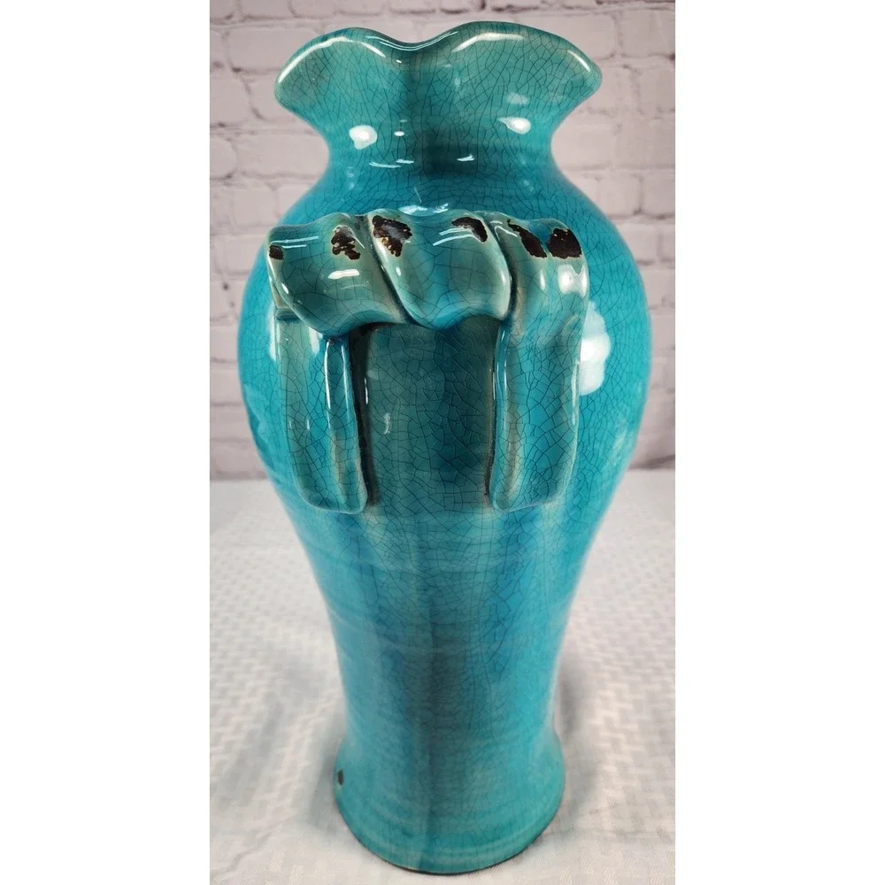 Vtg Large Pottery Vase handles‎ Rustic Glazed Crackled Turquoise